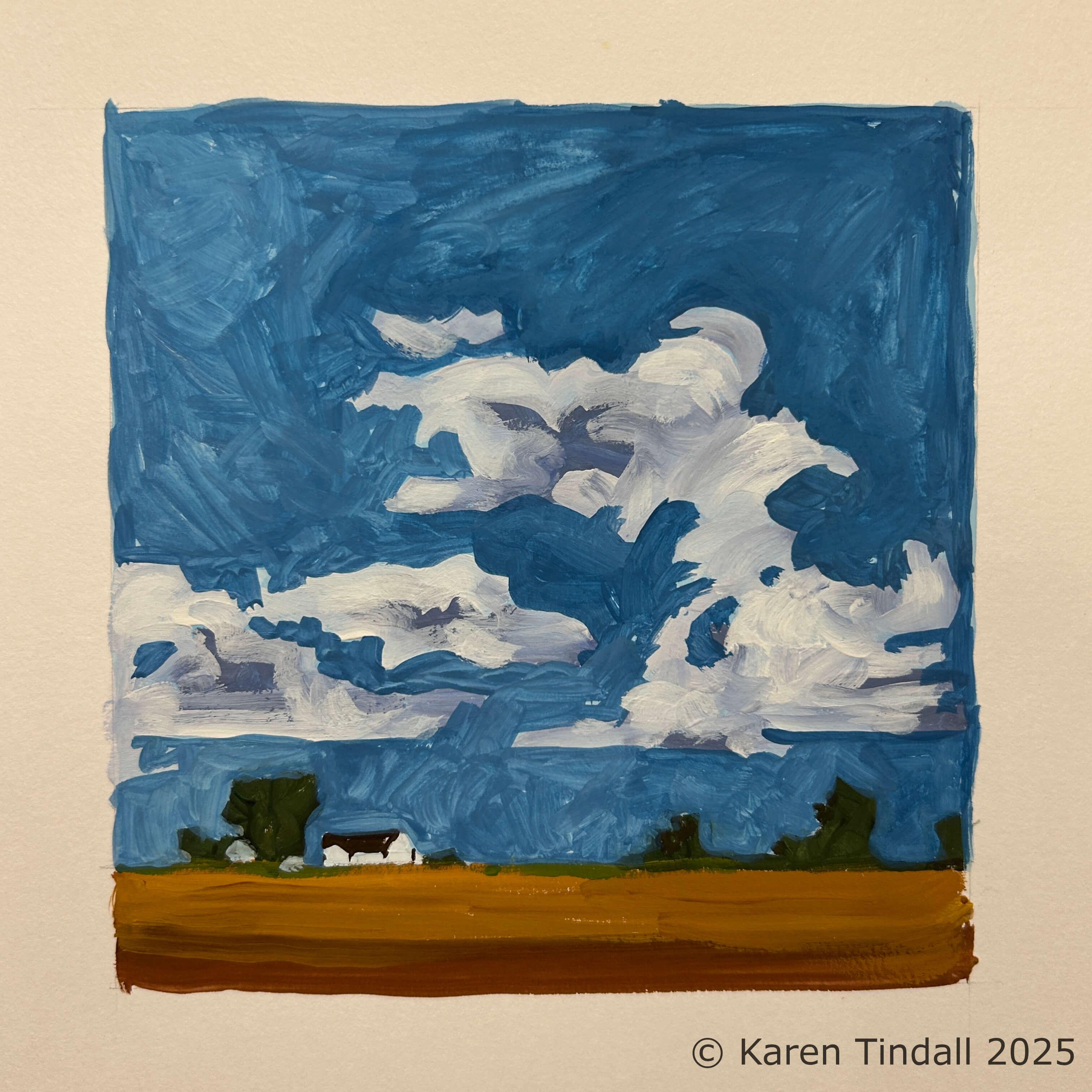 Cloudscape with Barn5” x 5” Gouache on paper